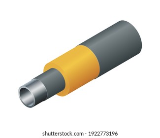 Isometric Vector Illustration Steel Pipes In Insulation Isolated On White Background. Realistic Pipe With Heat Insulation Icon In Flat Cartoon Style. Thermal Insulation Polyethylene Foam Covering Tube