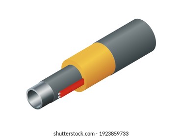 Isometric Vector Illustration Steel Pipes In Insulation Isolated On White Background. Realistic Pipe With Heat Insulation And Heating Cable Icon In Flat Cartoon Style. Thermal Insulation PE Foam.