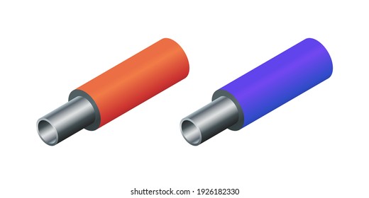 Isometric Vector Illustration Steel Pipes In Insulation Isolated On White Background. Realistic Pipe With Heat Insulation Icon In Flat Cartoon Style. Thermal Insulation Polyethylene Foam Covering Tube