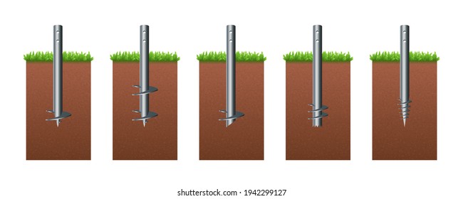 Isometric vector illustration steel screw round piles isolated on white background. Set of realistic foundation piles icons in flat cartoon style. Different shapes screw piles. Construction material.