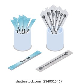Isometric vector illustration of stick sugar and muddler in ceramic container