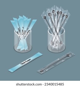 Isometric vector illustration of stick sugar and muddler in glass container