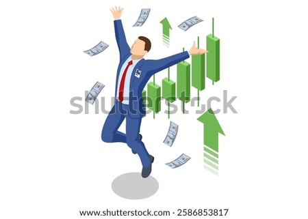 An isometric vector illustration of stock brokers with a large green bull and rising stock charts, symbolizing a bullish market trend. Bull market, stock growth, financial success