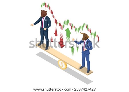 Isometric vector illustration of a stock market seesaw with a bull and bear trader balancing on a dollar coin. Market volatility is depicted with rising and falling candlestick charts and arrows.