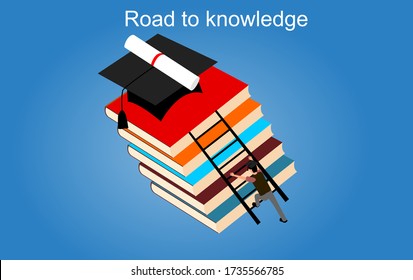Isometric vector illustration of Student climb the ladder on the books pile, design templates for staff education, consulting, college, and other. vector concepts