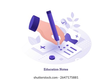 Isometric vector illustration with student's hand writing on paper. Education notes and exam preparation. Knowledge, learning, school, university concept for web banner.