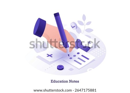 Isometric vector illustration with student's hand writing on paper. Education notes and exam preparation. Knowledge, learning, school, university concept for web banner.