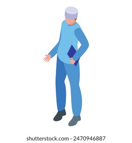 Isometric vector illustration of a surgeon in blue scrubs holding a clipboard, isolated on white