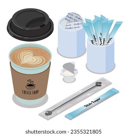 Isometric vector illustration of takeout hot drink with sugar sticks and milk