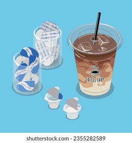 Isometric vector illustration of takeout latte with gum syrup and milk