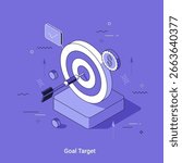 Isometric vector illustration with target board with dart hit in center. Goal achievement, business success and financial growth concept for startup.