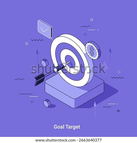 Isometric vector illustration with target board with dart hit in center. Goal achievement, business success and financial growth concept for startup.