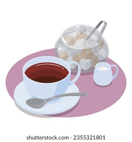Isometric vector illustration of tea with sugar and milk