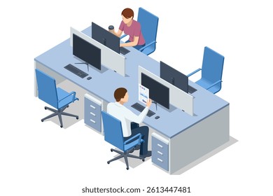 Isometric vector illustration of a tech-savvy coworking zone with dual monitors, coffee cups, and productive employees. Project tracking, agile workflow, remote team, tech startup