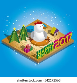 Isometric vector illustration of theme Happy new year 2017 with Snow man Rooster