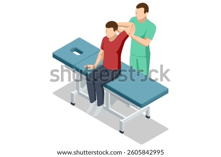 Isometric vector illustration of a therapist performing physiotherapy and stretching exercises on a seated male client, focusing on arm and shoulder rehabilitation.