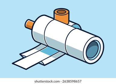 Isometric vector illustration of a thermal label roll printer with paper feed, designed in flat style for industrial, packaging, logistics, and product labeling visual projects and graphics.