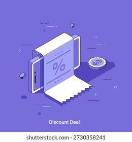 Isometric vector illustration in thin line style. Phone with discount coupon shows percentage sign on screen for online promotion. Mobile marketing concept.