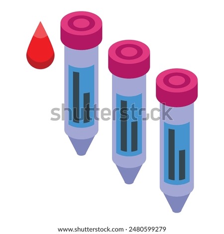 Isometric vector illustration of three blood test tubes with a single red droplet, on a white background