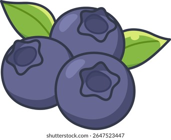 Isometric vector illustration of three blueberries with leaves. Fresh fruit concept.