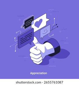Gesto isométrico de la mano del pulgar hacia arriba de la Ilustración vectorial con varias burbujas del discurso. Concepto de reacción de medios sociales. Comentarios de comunicación digital.