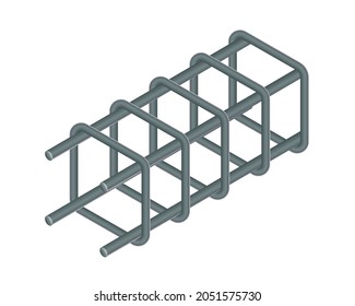 Isometric vector illustration tied rebar cage isolated on white background. Realistic steel reinforcement bars icon. Construction rebar. Steel rods used for reinforcing concrete. Building materials.