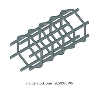 Isometric vector illustration tied rebar cage isolated on white background. Realistic steel reinforcement bars icon. Construction rebar. Steel rods used for reinforcing concrete. Building materials.
