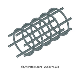 Isometric vector illustration tied rebar cage isolated on white background. Realistic steel reinforcement bars icon. Construction rebar. Steel rods used for reinforcing concrete. Building materials.