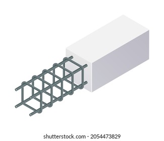 Isometric vector illustration tied rebar cage isolated on white background. Realistic steel reinforcement bars icon. Construction rebar. Steel rods used for reinforcing concrete. Building materials.