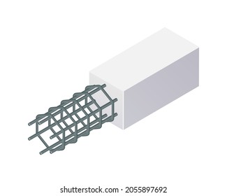 Isometric vector illustration tied rebar cage isolated on white background. Realistic steel reinforcement bars icon. Construction rebar. Steel rods used for reinforcing concrete. Building materials.