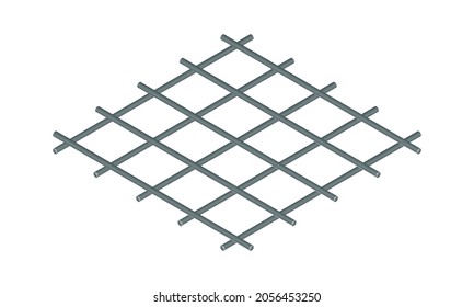 Isometric Vector Illustration Tied Rebar Cage Isolated On White Background. Realistic Steel Reinforcement Bars Icon. Construction Rebar. Steel Rods Used For Reinforcing Concrete. Building Materials.
