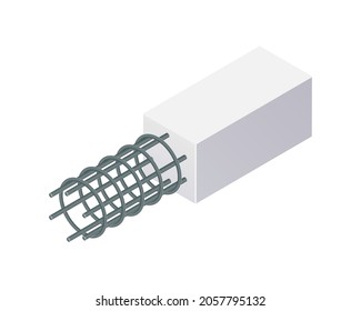 Isometric vector illustration tied rebar cage isolated on white background. Realistic steel reinforcement bars icon. Construction rebar. Steel rods used for reinforcing concrete. Building materials.