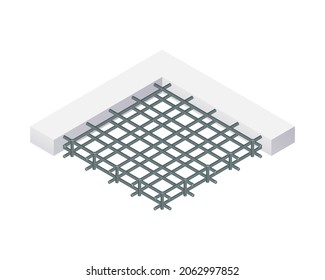 Isometric vectorial ilustración atada jaula de barras aislada sobre fondo blanco. Icono de barras de refuerzo de acero realistas. Barra de construcción. Las barras de acero utilizadas para reforzar el hormigón. Materiales de construcción.