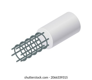 Isometric vector illustration tied rebar cage isolated on white background. Realistic steel reinforcement bars icon. Construction rebar. Steel rods used for reinforcing concrete. Building materials.
