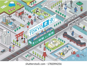 Isometric vector Illustration of TOKYO CITY JAPAN. Welcome to tokyo. The Japanese character written on the banner flag means Tokyo city name.