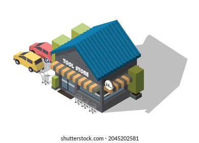 Isometric vector illustration tool shop with parking lot with shopping carts for customer service isolated on white background shop for technicians that is open 24 hours a day