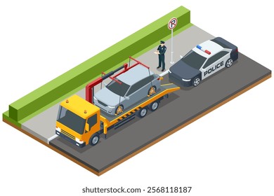 An isometric vector illustration of a tow truck impounding a car under police supervision. Highlights enforcement of parking rules. Tow truck, roadside assistance