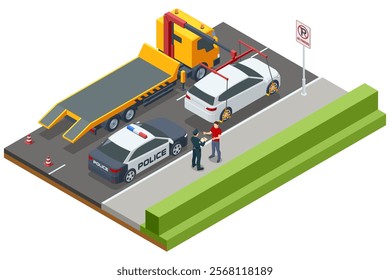 Isometric vector illustration of a tow truck impounding a vehicle while police enforce traffic rules. Features a parked police car nearby. Tow truck, roadside assistance