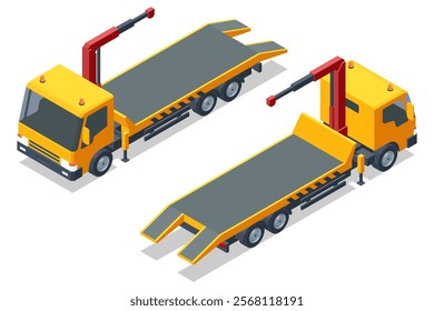 Isometric vector illustration of a tow truck with a flatbed and crane. A practical vehicle for towing and transporting cars, ideal for urban and emergency uses. Tow truck, roadside assistance