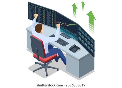 An isometric vector illustration of a trader celebrating in front of multiple stock market monitors displaying positive financial trends. Bull market, stock growth, financial success