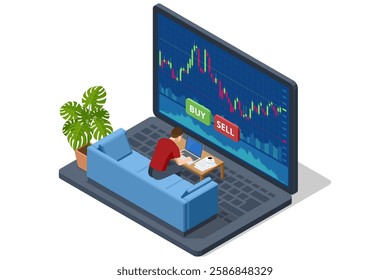 An isometric vector illustration of a trader working from home, sitting on a couch, using a laptop, with a large screen displaying a stock market graph.