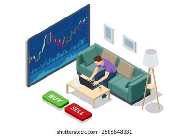 An isometric vector illustration of a trader working from home, sitting on a couch, using a laptop, with a large screen displaying a stock market graph.