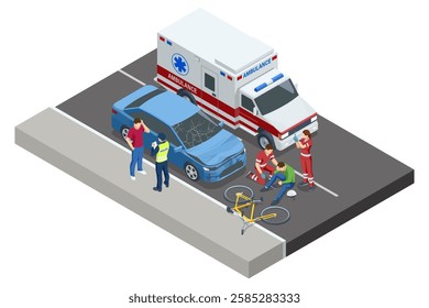 An isometric, vector illustration of a traffic accident involving a car and a bicycle. Paramedics assist the injured cyclist while a police officer questions the driver.