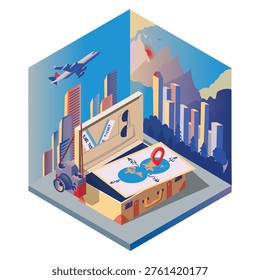 An isometric vector illustration of a travel scene. An open suitcase with a world map on top and a camera hanging on the lid. A plane takes off above. Perfect for travel apps, booking websites, and tourism marketing materials. Colorful flat isometric style.