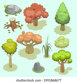 isometric vector illustration of trees and other nature object