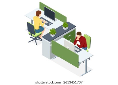 Isometric vector illustration of two coworkers working at a shared desk with computers and plants, in a modern coworking office. Project tracking, agile workflow