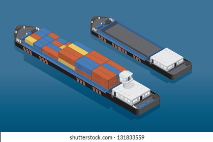 Isometric vector illustration of two River Cargo Boats traveling on water. Larger boat is transporting various size cargo containers.