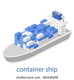 Isometric vector illustration of two River Cargo Boats traveling on water. Larger boat is transporting various size cargo containers.