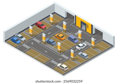 Isometric vector illustration of an underground parking lot featuring bright yellow and brown color-coded areas, directional arrows, and organized car slots for efficient design