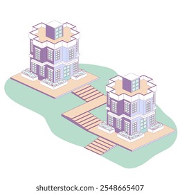 Ilustración vectorial isométrica de edificios urbanos con edificios vecinos conectados por suelos de carreteras o corredores de varios pisos y escaleras en terrenos verdes sobre fondo blanco